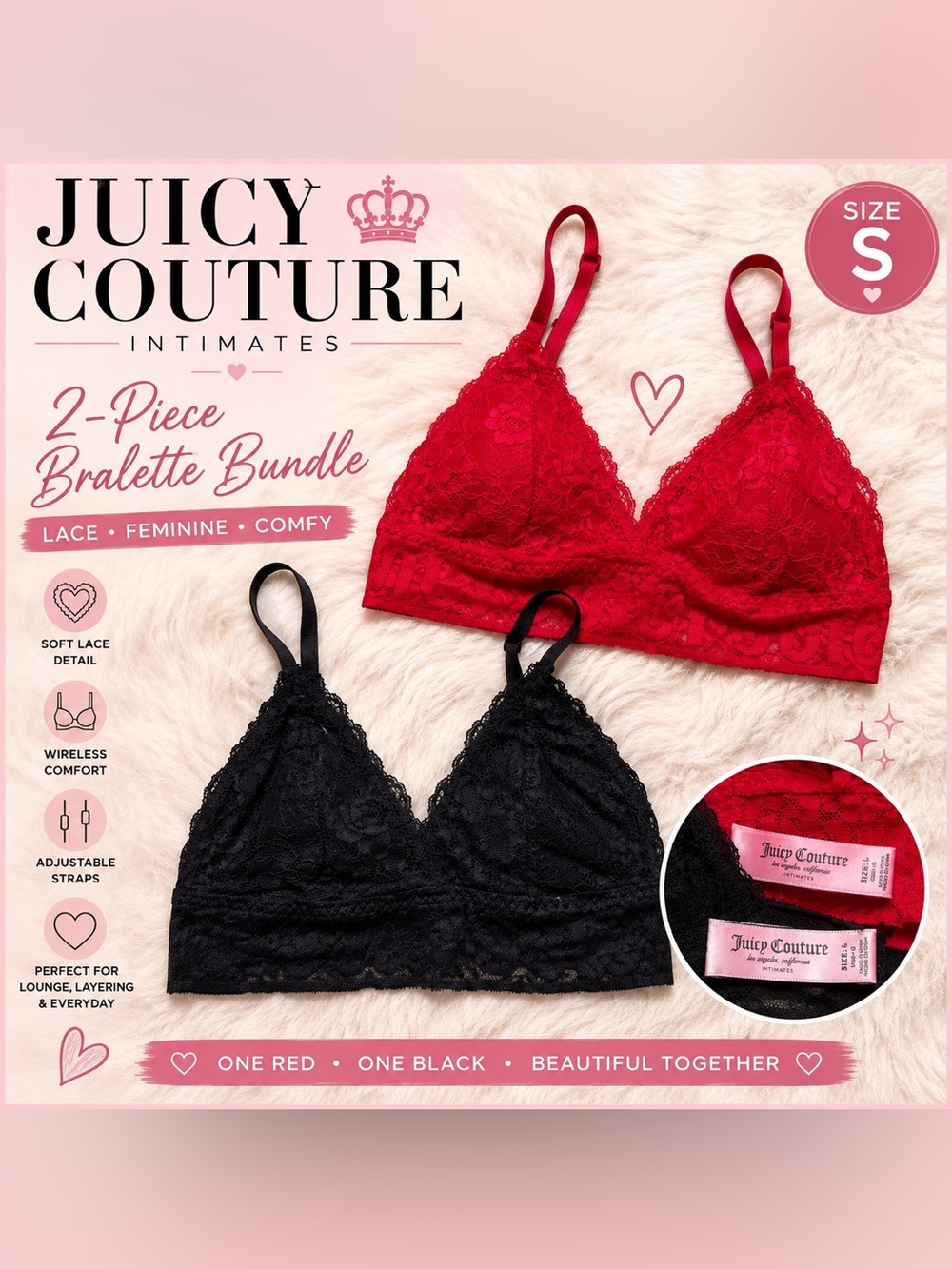 Juicy Couture Lace Bralette Bundle Red Black Wireless Bra Y2K Coquette Size S